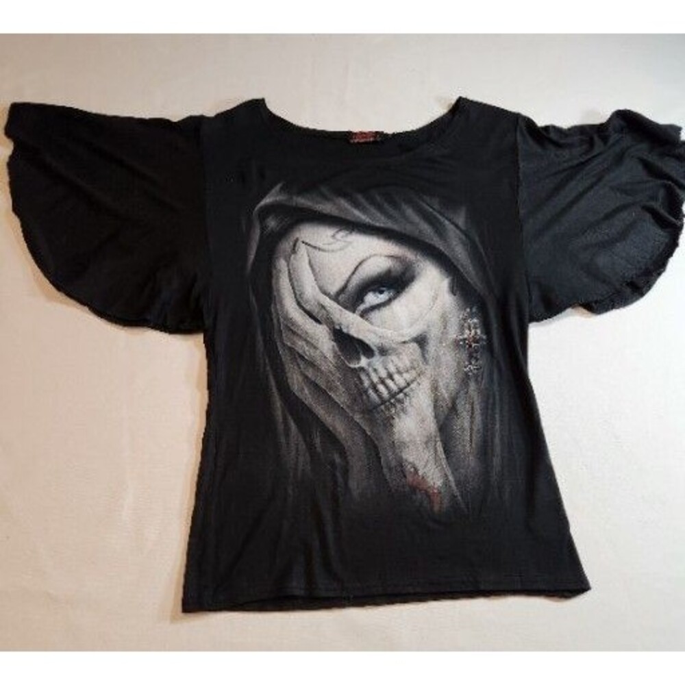 Spiral Direct Womens Graphic T-Shirt Black Sz Small Angel Sleeve Skull Face Hand
